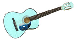 The Billie Eilish Signed 39" Hit Me Hard and Soft Blue Acoustic Guitar by Sports Integrity features a dark brown fretboard, six strings, silver tuning pegs, and is displayed on a white background.