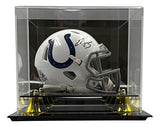 The Sports Integrity Edgerrin James Signed Indianapolis Colts Mini Speed Helmet features a blue horseshoe logo and signature, and comes in a clear acrylic display case with gold accents and black base.