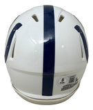 The Edgerrin James Signed Indianapolis Colts Mini Speed Helmet by Sports Integrity features a white finish, a single dark blue center stripe, side vents, and a certification sticker near the bottom. Includes case.