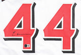 Close-up of number 44 with red and black outline on a white Elly De La Cruz Cincinnati jersey. The left digit features his signature and a BAS authenticity hologram. Brand: Sports Integrity.