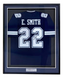 Sports Integrity Emmitt Smith Dallas Signed Framed Blue Football Jersey with number 22, visible autograph, JSA Hologram, and nameplate at the bottom.