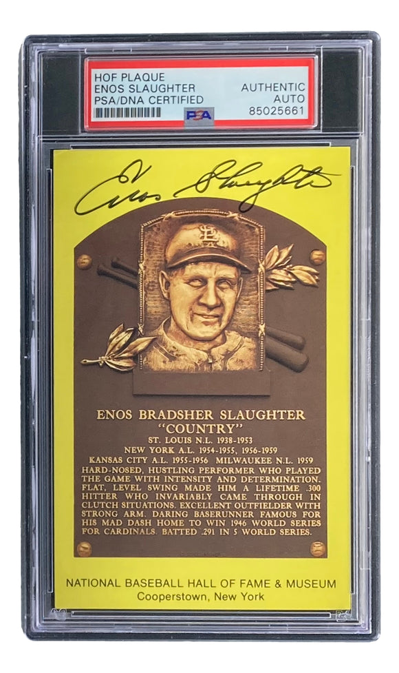 Enos Slaughter Signed In Black 4x6 St Louis Cardinals HOF Plaque Card PSA/DNA/DNA Sports Integrity