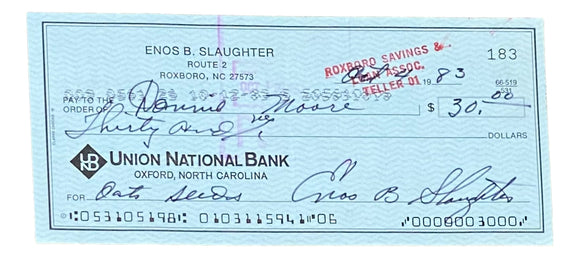 Enos Slaughter St. Louis Cardinals Signed Personal Bank Check #183 BAS Sports Integrity