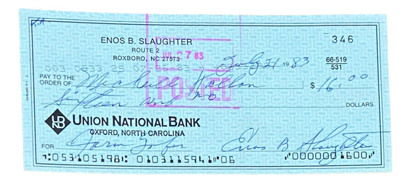 Enos Slaughter St. Louis Cardinals Signed Personal Bank Check #346 BAS Sports Integrity