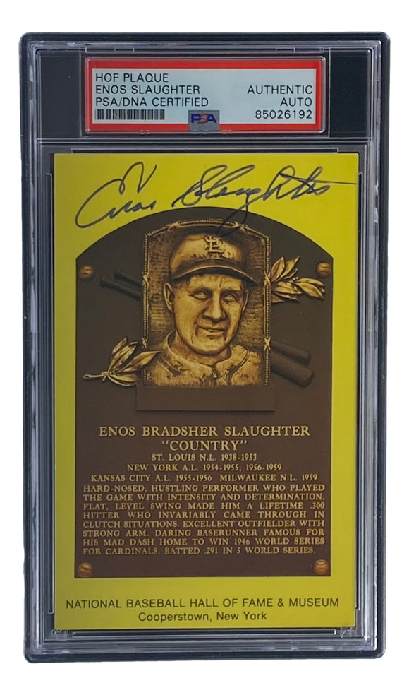 Enos Slaughter Signed 4x6 St Louis Cardinals HOF Plaque Card PSA/DNA 85026192 Sports Integrity
