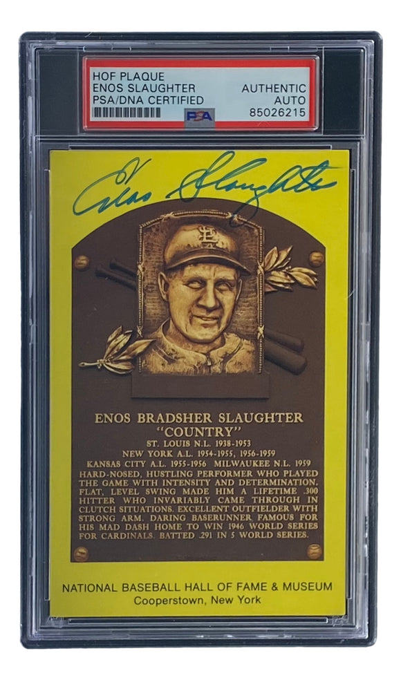 Enos Slaughter Signed 4x6 St Louis Cardinals HOF Plaque Card PSA/DNA 85026215 Sports Integrity