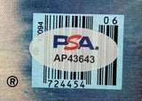 Close-up of a PSA sticker with the number AP43643 over a barcode and blue background, authenticating the Eric Heiden Signed Sports Illustrated Magazine Feb 11 1980 by Sports Integrity.