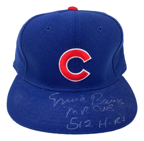 Ernie Banks Signed Chicago Cubs New Era Hat Mr Cub 512 HRs Inscribed PSA Sports Integrity