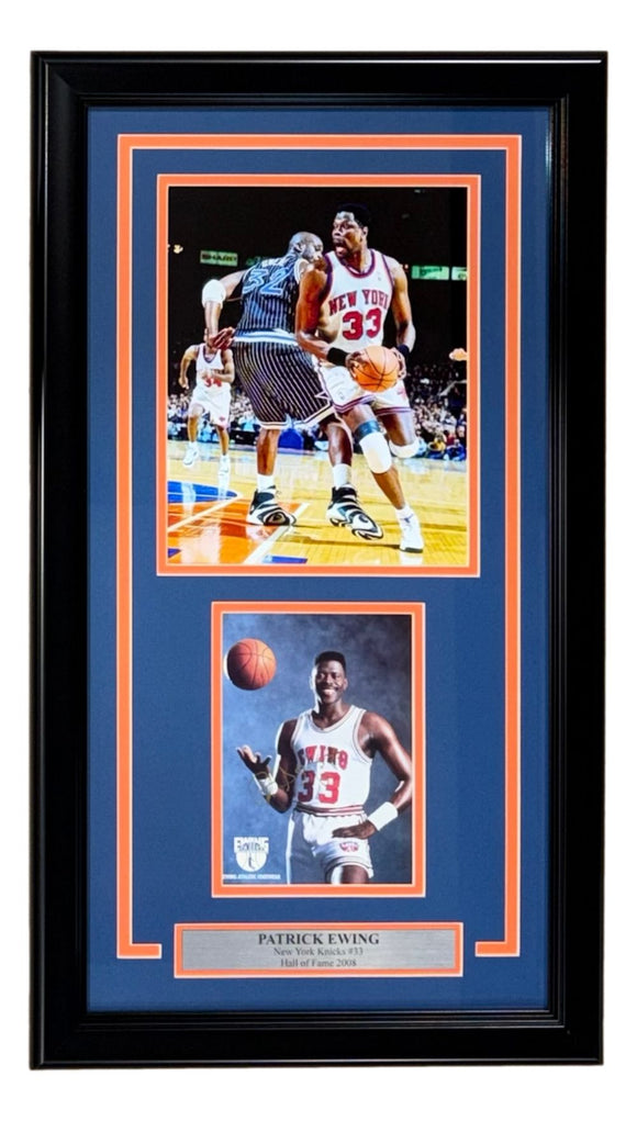 Patrick Ewing Signed Framed 4x6 Photo w/ 8x10 New York Knicks Photo BAS LOA