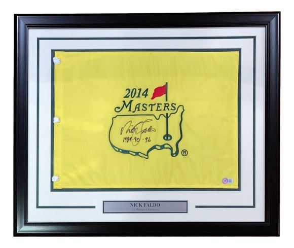 Sir Nick Faldo Signed Framed 2014 Masters Golf Flag 1989-90-96 Inscribed BAS Sports Integrity