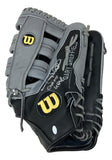 A Sports Integrity Gary Sheffield Signed Game Used Yankees Wilson A3000 Glove BAS, black and gray with yellow logos, features Sheffield's name and silver autograph on the outer side.