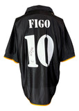 The Sports Integrity Luis Figo Signed Real Madrid Black Adidas Soccer Jersey features orange trim, FIGO and number 10 on the back, plus Figo’s signature marked on the number.