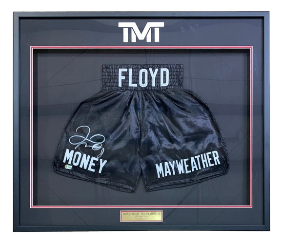 Floyd Mayweather Jr Signed Framed Custom Money Mayweather Boxing Trunks BAS ITP