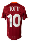 The Sports Integrity Francesco Totti Signed AS Roma Red Kappa Soccer Jersey features "TOTTI" and number 10 in white, a signature below the number, and orange accents on the collar.
