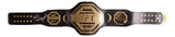 The Francis Ngannou Signed UFC Replica Full Size Championship Belt by Sports Integrity features gold and black detailing, multiple plates with the UFC logo at the center, and is displayed on a white background.