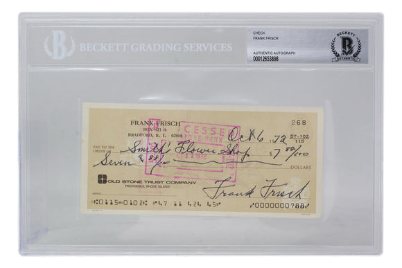 Frank Frisch Signed Slabbed St. Louis Cardinals Personal Bank Check BGS