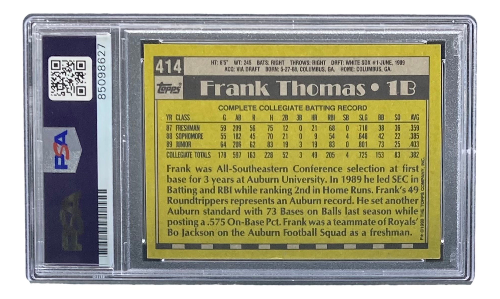 Frank Thomas Signed 1990 Topps #414 Chicago White Sox Rookie Card PSA/DNA