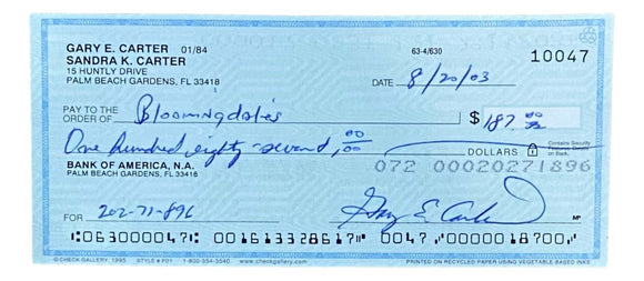 Gary Carter Montreal Expos Signed Bank Check #10047 BAS - Sports Integrity