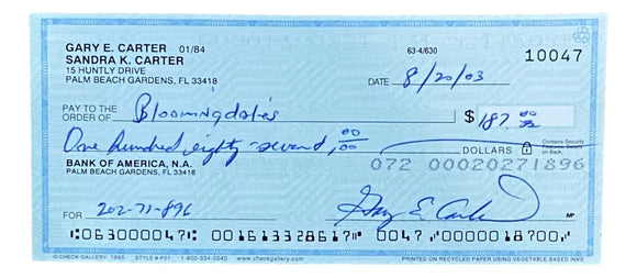 Gary Carter Montreal Expos Signed Personal Bank Check #10047 BAS Sports Integrity