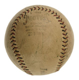 A Lou Gehrig 1928 New York Yankees Team Signed Official NL Baseball by Sports Integrity, featuring red stitching and faded signatures, is displayed against a white background.
