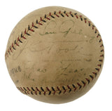 The Lou Gehrig 1928 New York Yankees Team Signed Official NL Baseball by Sports Integrity features faded, multiple signatures in dark ink on tan leather with prominent red stitching. The ball is set against a plain white background.