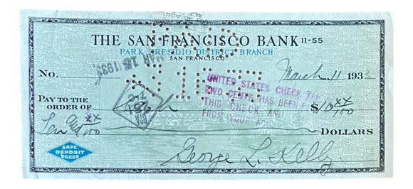 George Kelly New York Giants Signed March 11 1933 Personal Bank Check BAS Sports Integrity
