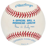 A Sports Integrity President Gerald Ford Signed Official American League Baseball (BAS LOA) featuring red stitching, blue text, and Gerald Ford’s signature on a classic white background.
