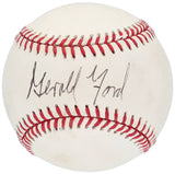 A Sports Integrity President Gerald Ford Signed Official American League Baseball, white with red stitching and a black ink signature on one side, includes BAS LOA.