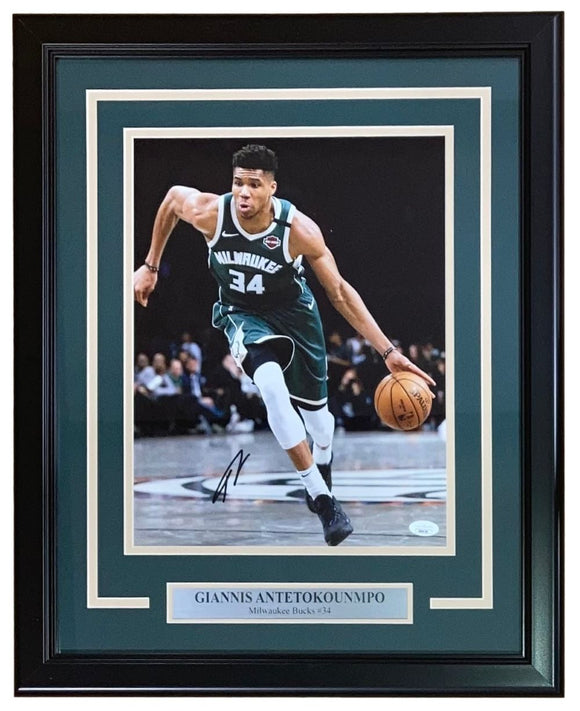 Giannis Antetokounmpo Signed Framed 11x14 Milwaukee Bucks Photo JSA Hologram