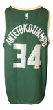 The Sports Integrity Giannis Antetokounmpo Signed Milwaukee Bucks Nike Swingman Jersey BAS features cream trim, large white "ANTETOKOUNMPO" and 34, with the autograph on the number 4 and an NBA logo on the upper back.