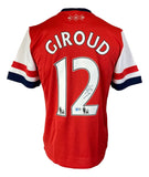 This Olivier Giroud Signed Arsenal Nike Soccer Jersey by Sports Integrity features "GIROUD 12" on the back, white sleeves, navy trim, and his signature on the number.