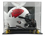 The Sports Integrity Tony Gonzalez Signed Chiefs FS Lunar Eclipse Replica Speed Helmet, featuring a black facemask, red logo, and white shell, is displayed in a clear case and autographed on top.