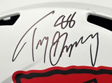 Close-up of a Tony Gonzalez Signed Chiefs FS Lunar Eclipse Replica Speed Helmet by Sports Integrity, showing a large black autograph and number 66 on the white surface with part of a red and black graphic at the bottom. Comes with BAS COA and case.