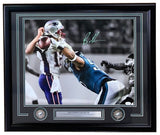The Sports Integrity Brandon Graham Signed Framed 16x20 Eagles SB52 Spotlight Strip Sack Photo (JSA) features two team logos and a plaque, capturing his iconic play in Super Bowl LII.