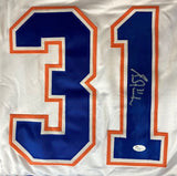 The Sports Integrity Grant Fuhr Edmonton Signed White Hockey Jersey (JSA) features a bold blue and orange number 31, with Fuhr's signature on the "1" and a JSA authentication sticker below.