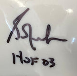 A Grant Fuhr Edmonton Oilers signed replica throwback goalie mask by Sports Integrity, featuring his signature in black and "HOF 03" inscription on a white surface.