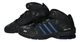 A pair of Grant Hill signed game-used Orlando Magic 2006 Adidas sneakers by Sports Integrity, featuring black mesh with blue stripes, the number 33 on the side, cushioning soles, and “GHILL 33” near the heel. PSA+Mears authenticated.
