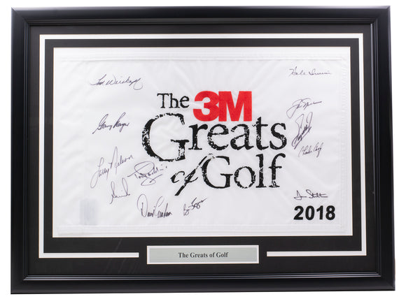 Multi Signed Framed 3M Greats of Golf Flag Jack Nicklaus Gary Player +10 BAS LOA