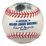 A Greg Maddux Atlanta Braves signed official MLB baseball (HOF 14) from Sports Integrity, featuring red stitching, blue text, commissioner's signature, and a Beckett Authentication Services sticker on the upper panel.