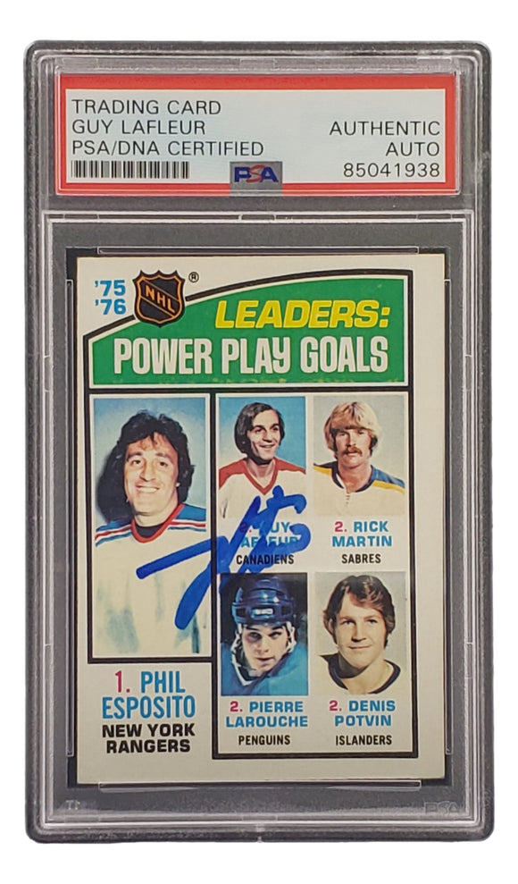 Guy LaFleur Signed 1976 Topps #5 Power Play Goals Leaders Hockey Card PSA/DNA Sports Integrity