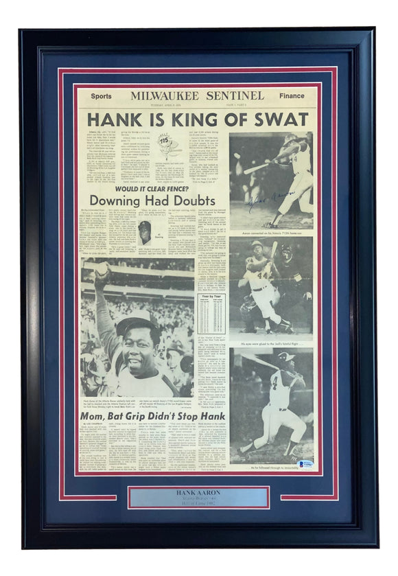 Hank Aaron Signed Framed Braves Original 1974 Home Run Record Newspaper BAS Sports Integrity