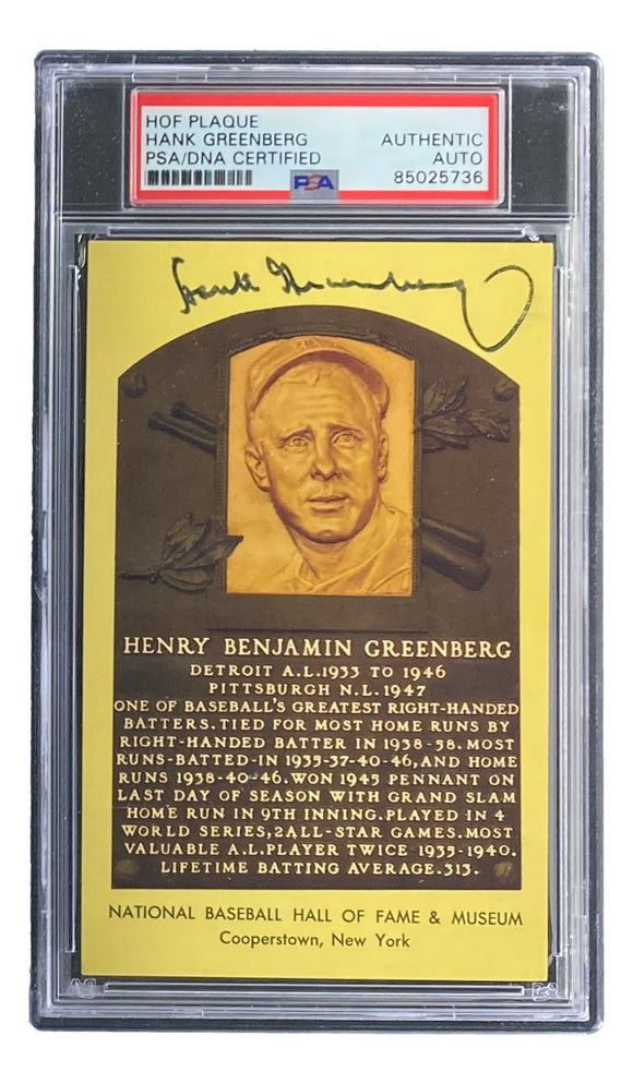 Hank Greenberg Signed 4x6 Detroit Tigers HOF Plaque Card PSA/DNA 85025736 Sports Integrity