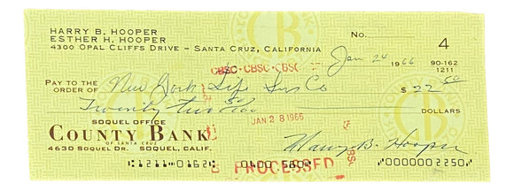 Harry Hooper Boston Red Sox Signed January 24 1966 Personal Bank Check 2 BAS Sports Integrity