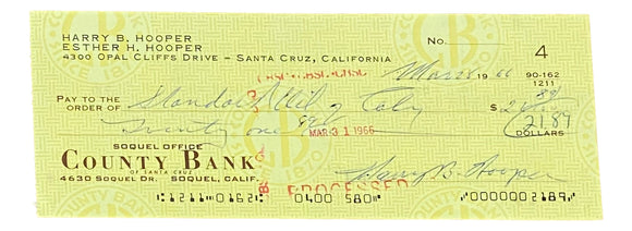 Harry Hooper Boston Red Sox Signed March 28 1966 Personal Bank Check 2 BAS Sports Integrity