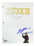 A Hayden Christensen signed Star Wars: Revenge of the Sith full movie script by Sports Integrity, featuring the title, George Lucas as writer/director, and Anakin Skywalker with a blue lightsaber (BAS certified).