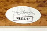 A white oval JSA sticker with code WA333212 and a faint signature is on the brown wood frame of the Sports Integrity Hideki Matsui Signed Framed 16x20 Yankees 2009 World Series Photo.