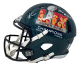 The Sports Integrity Howie Roseman Signed Eagles FS Super Bowl LIX Replica Helmet, "The Architect" edition by BAS, features player autographs and commemorative detailing on its dark green surface.