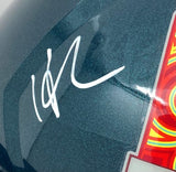 A close-up of the Howie Roseman Signed Eagles FS Super Bowl 59 LIX Replica Helmet by Sports Integrity, showing a white autograph and a red and yellow decal on the right side.