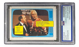 The Hulk Hogan Signed 1985 Topps #57 WWF WWE Rookie Card by Sports Integrity features an image of Hogan with Mean Gene Okerlund and speech bubbles: "Anybody good enough to meet me, man!" and "Whos your next challenger?".