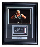 Sports Integrity's Hulk Hogan Signed Framed WWE WWF Cut Signature features a PSA/DNA Auto Gem MT 10 autograph, photo of Hogan posing in wrestling gear, and a nameplate, all set against a sleek black background.